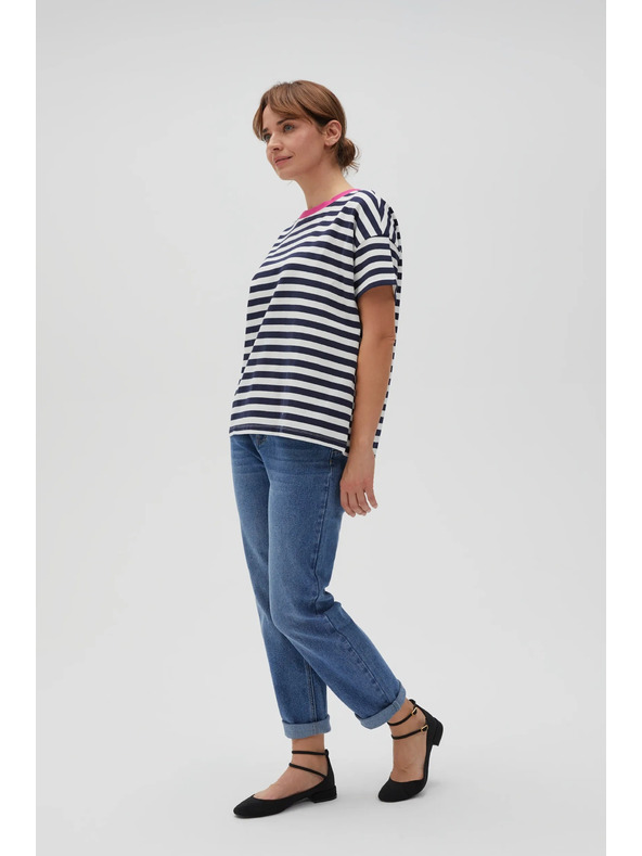 Moodo Modro-bílé pruhované tričko s růžovým límečkem