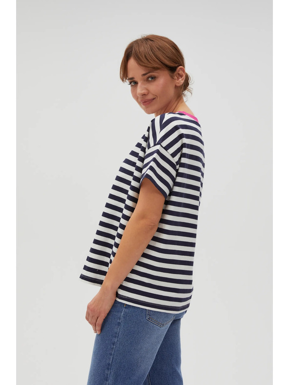 Moodo Modro-bílé pruhované tričko s růžovým límečkem