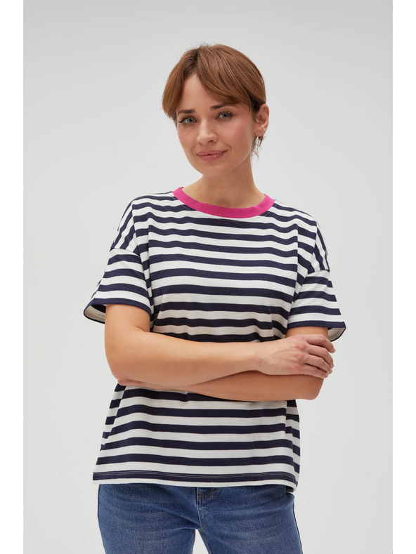 Moodo Modro-bílé pruhované tričko s růžovým límečkem