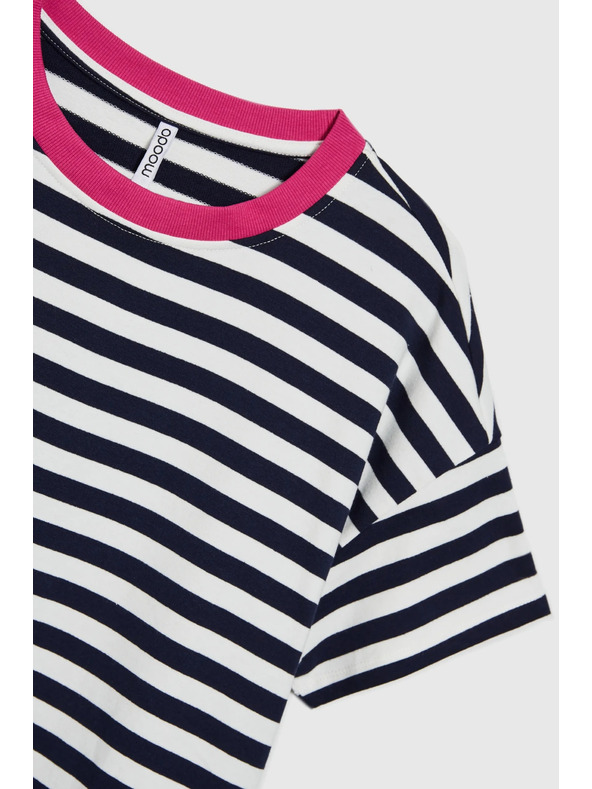 Moodo Modro-bílé pruhované tričko s růžovým límečkem