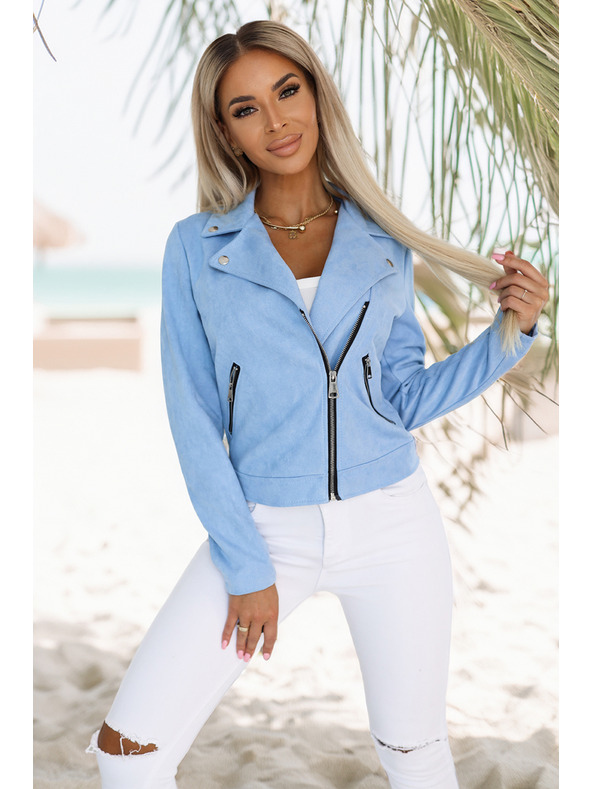 numoco Světle modrá semišová motorkářská bunda s dlouhým rukávem a zipy