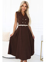numoco Elegantní midi košilové šaty se zlatými knoflíky a páskem - čokoládová barva