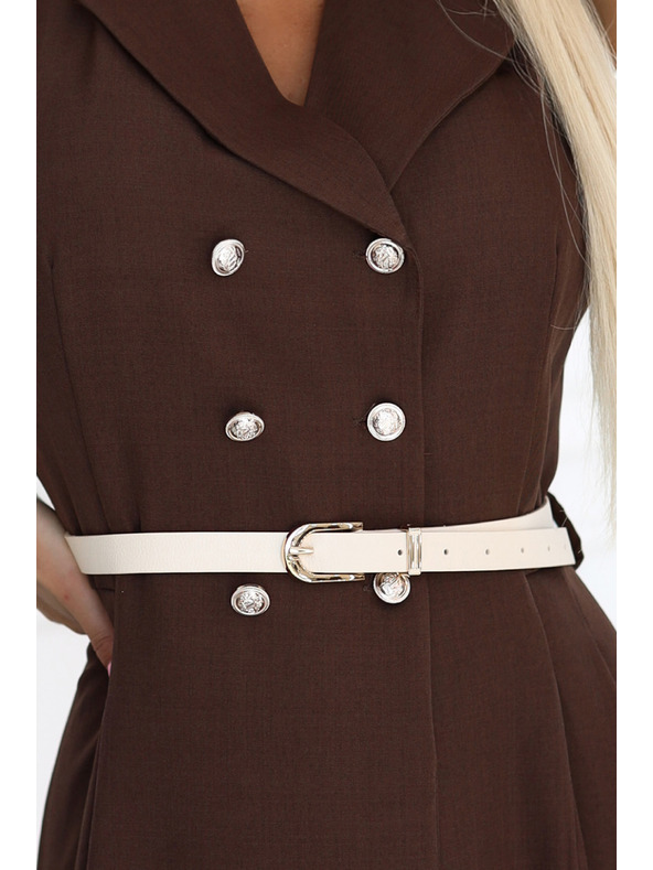 numoco Elegantní midi košilové šaty se zlatými knoflíky a páskem - čokoládová barva