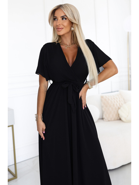 numoco Dlouhé šaty s plisovaným výstřihem a zavazováním - černé