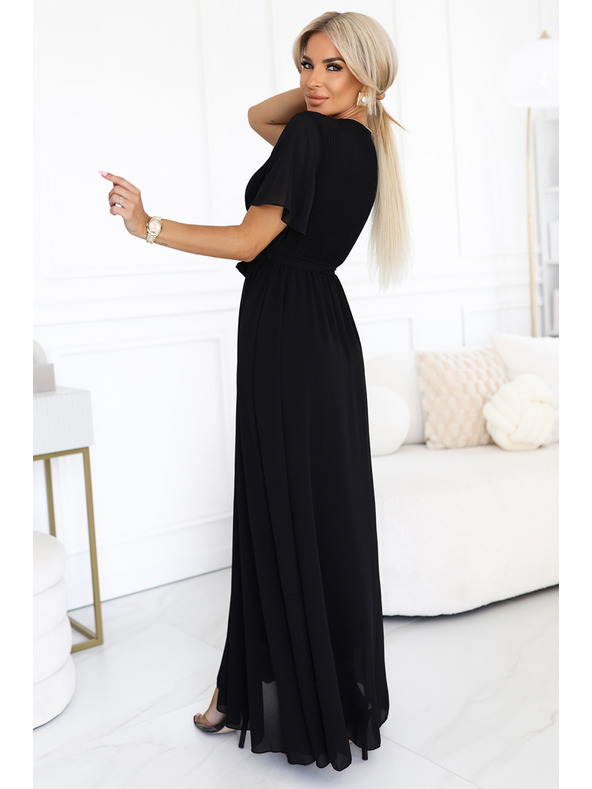 numoco Dlouhé šaty s plisovaným výstřihem a zavazováním - černé