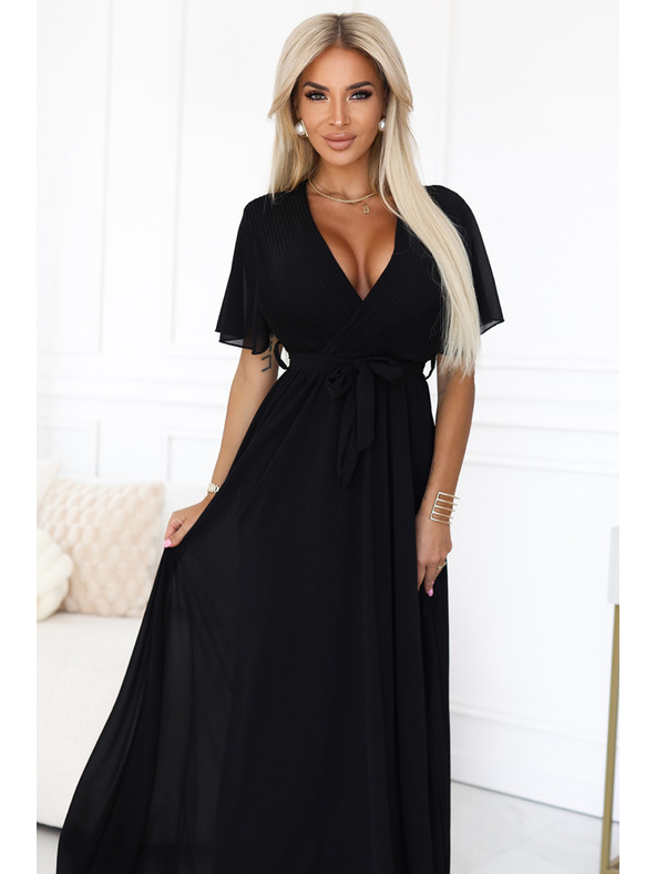 numoco Dlouhé šaty s plisovaným výstřihem a zavazováním - černé