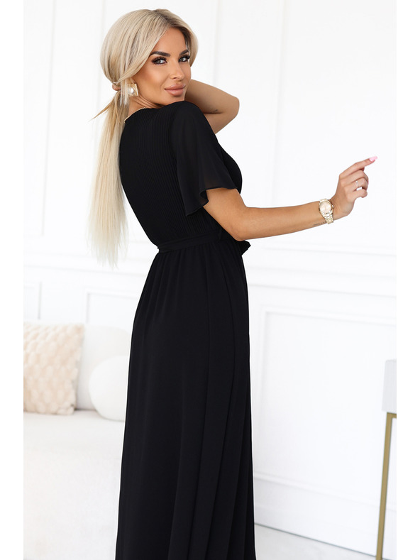 numoco Dlouhé šaty s plisovaným výstřihem a zavazováním - černé