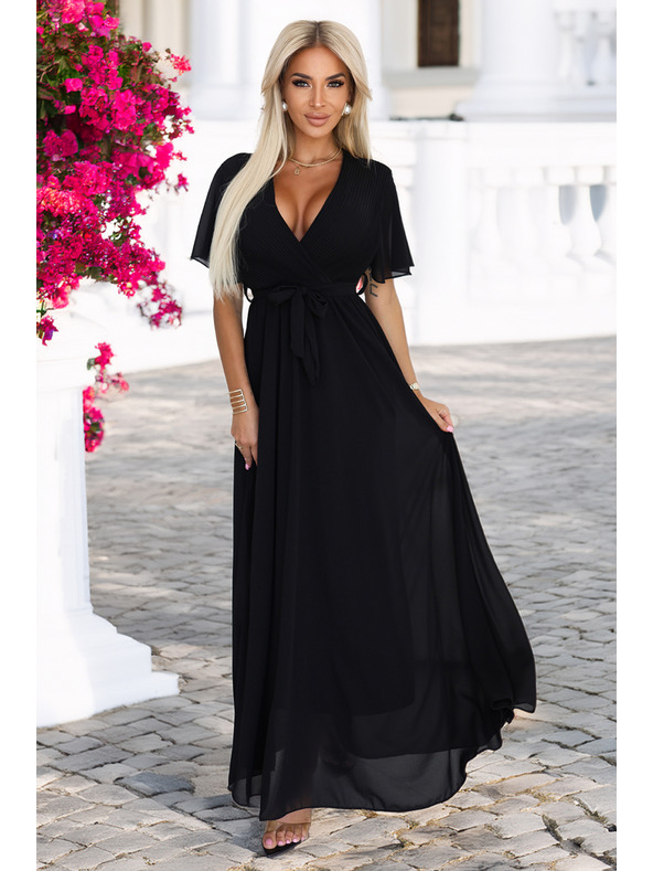 numoco Dlouhé šaty s plisovaným výstřihem a zavazováním - černé