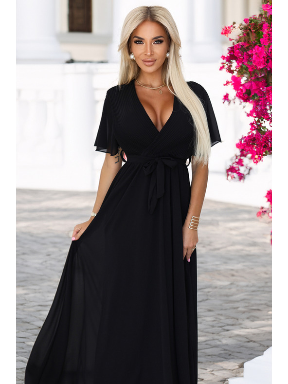 numoco Dlouhé šaty s plisovaným výstřihem a zavazováním - černé