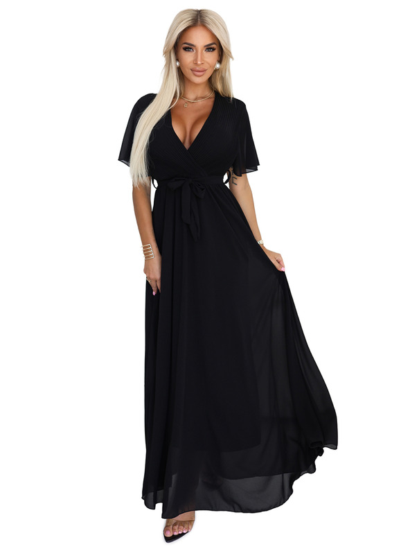 numoco Dlouhé šaty s plisovaným výstřihem a zavazováním - černé