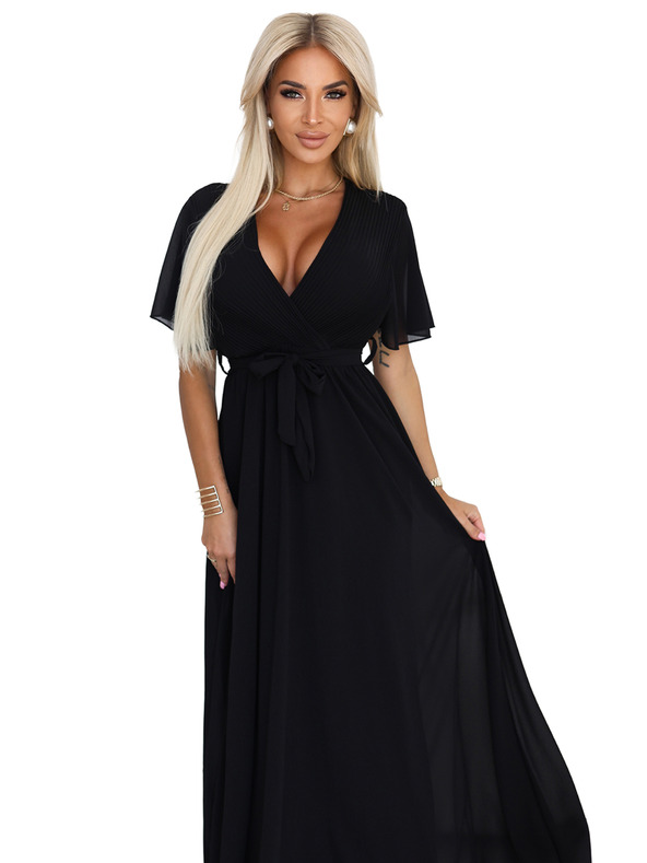 numoco Dlouhé šaty s plisovaným výstřihem a zavazováním - černé