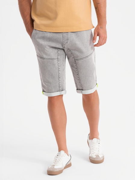 Ombre Clothing Pánské džínové kraťasy s ozdobným prošíváním - světle šedé