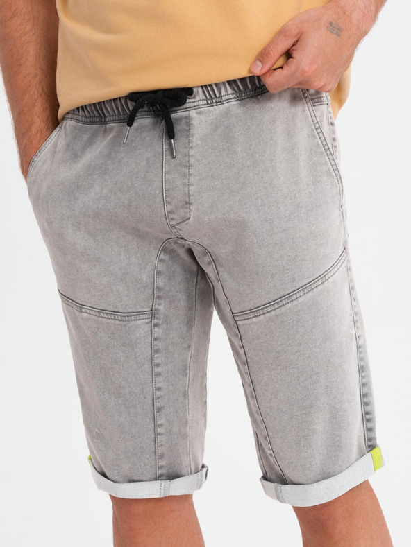 Ombre Clothing Pánské džínové kraťasy s ozdobným prošíváním - světle šedé