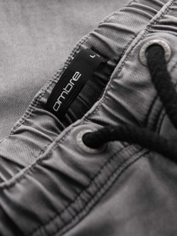 Ombre Clothing Pánské džínové kraťasy s ozdobným prošíváním - světle šedé