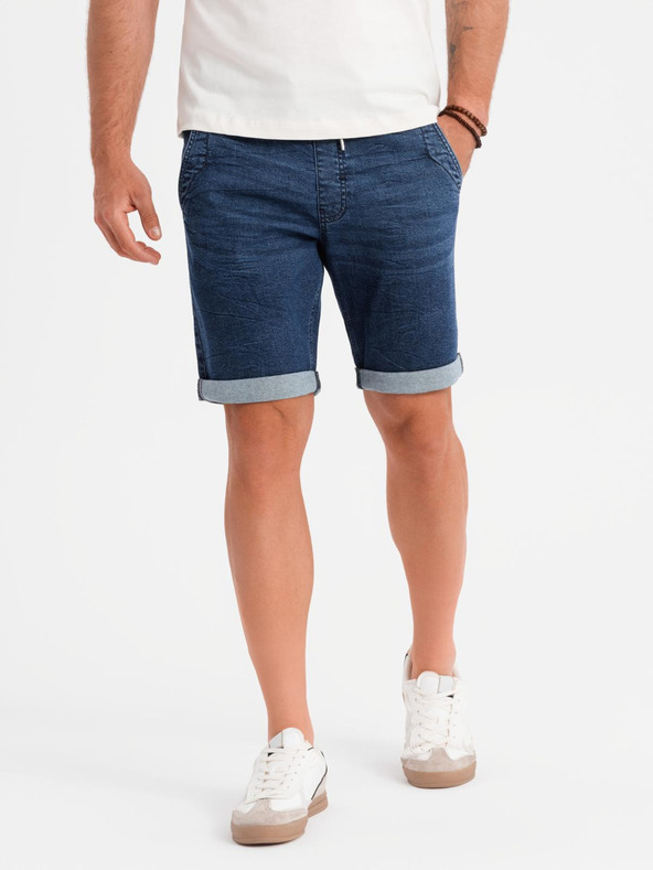 Ombre Clothing Pánské džínové šortky s ohrnutou nohavicí - tmavě modré