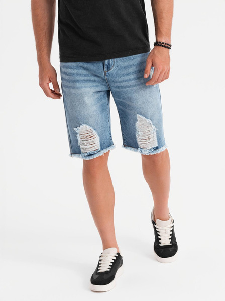 Ombre Clothing Pánské krátké džínové šortky s dírami a trhlinami - světle modré
