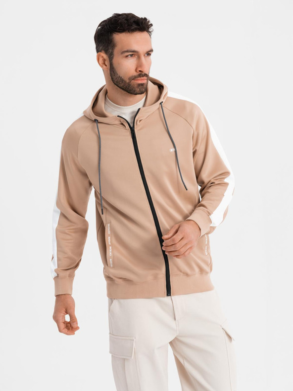 Ombre Clothing Pánská rozepínací mikina s kapucí a lemováním - béžová