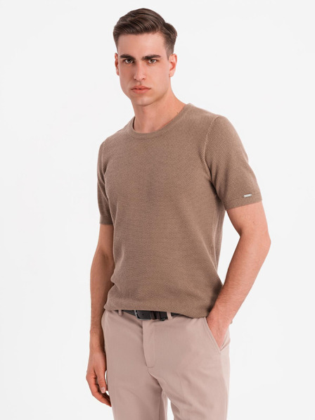 Ombre Clothing Pánská pletená košile s jemnou texturou - světle hnědá