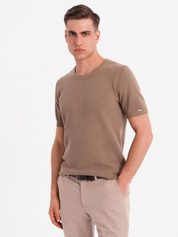 Ombre Clothing Pánská pletená košile s jemnou texturou - světle hnědá