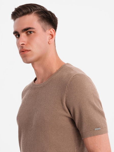 Ombre Clothing Pánská pletená košile s jemnou texturou - světle hnědá