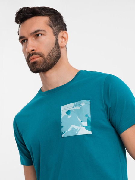 Ombre Clothing Pánské bavlněné tričko s potiskem kapsy - tyrkysové