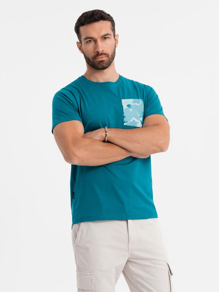 Ombre Clothing Pánské bavlněné tričko s potiskem kapsy - tyrkysové