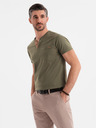 Ombre Clothing Pánské tričko s výstřihem na knoflíky a semišovým lemem - tmavě olivové
