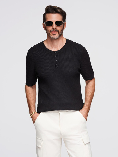 Ombre Clothing Pánské pletené tričko s knoflíky u výstřihu - černé