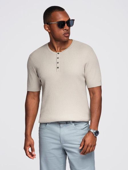 Ombre Clothing Pánské pletené tričko s knoflíky u výstřihu - světle šedé