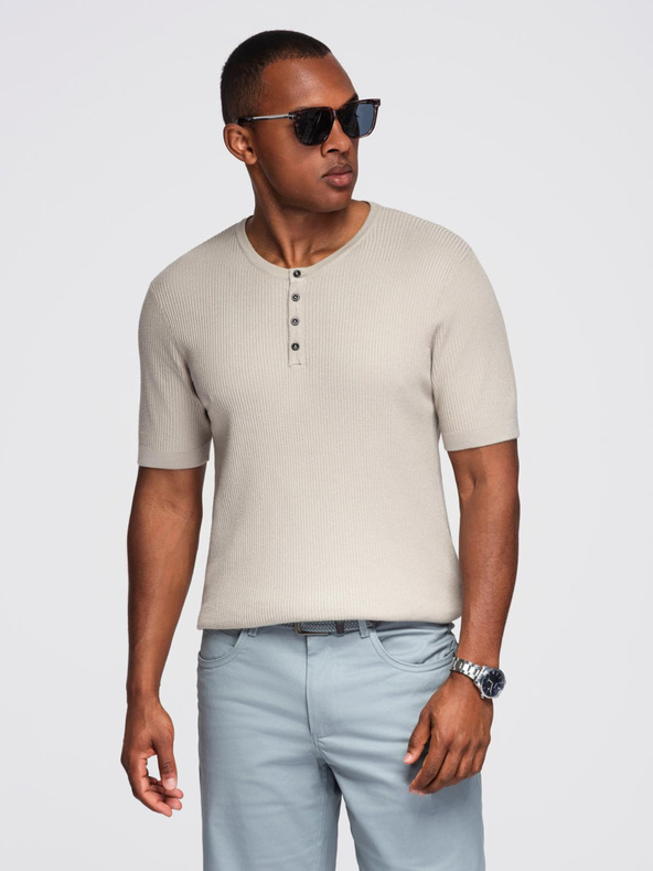 Ombre Clothing Pánské pletené tričko s knoflíky u výstřihu - světle šedé