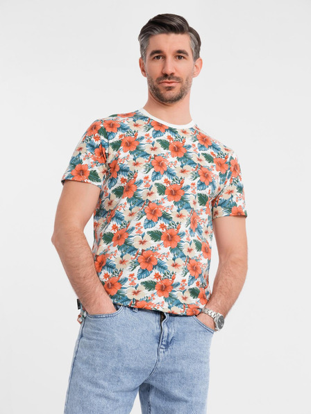 Ombre Clothing Pánské bavlněné tričko s květinovým vzorem a celoplošným potiskem - bílé