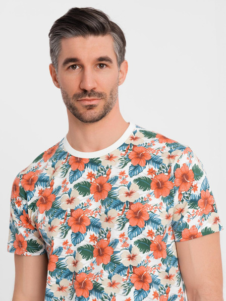 Ombre Clothing Pánské bavlněné tričko s květinovým vzorem a celoplošným potiskem - bílé