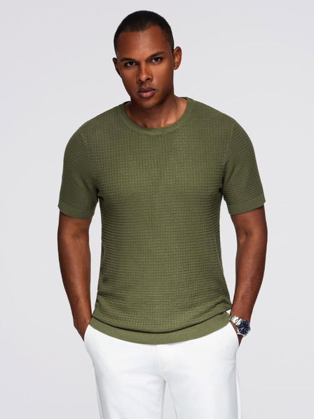 Ombre Clothing Pánské strukturované pletené tričko - olivové