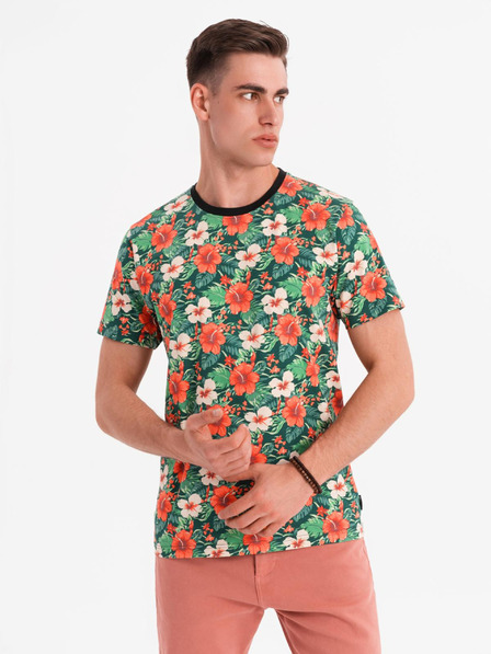 Ombre Clothing Pánské bavlněné tričko s květinovým potiskem - černé