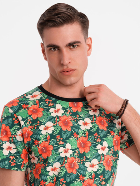 Ombre Clothing Pánské bavlněné tričko s květinovým potiskem - černé