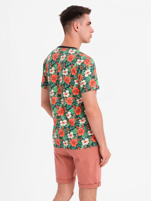 Ombre Clothing Pánské bavlněné tričko s květinovým potiskem - černé