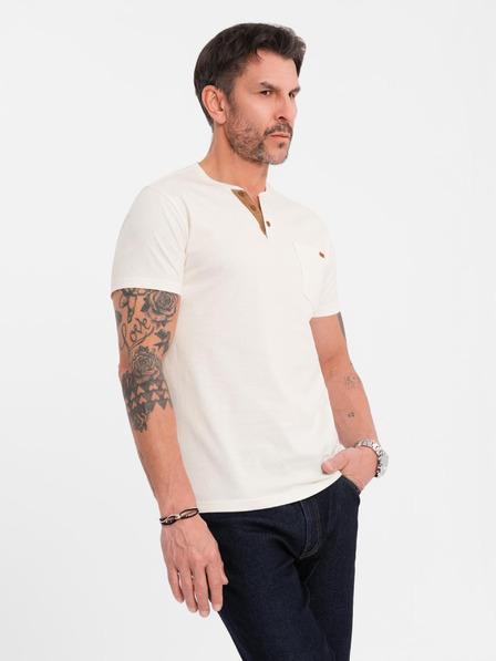 Ombre Clothing Pánské tričko s knoflíkovým výstřihem a semišovým lemem - bílé