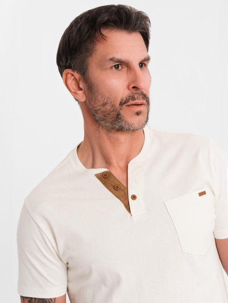 Ombre Clothing Pánské tričko s knoflíkovým výstřihem a semišovým lemem - bílé
