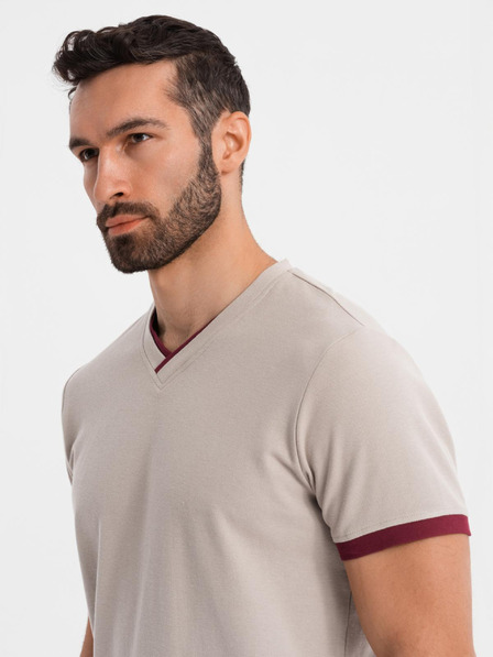 Ombre Clothing Pánské tričko s kontrastními vsadkami a výstřihem do V - béžové