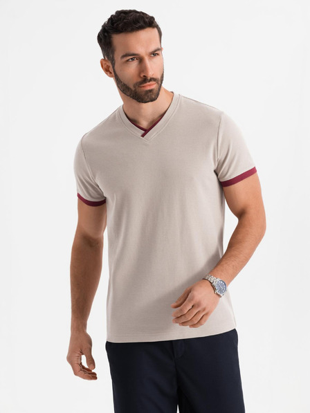Ombre Clothing Pánské tričko s kontrastními vsadkami a výstřihem do V - béžové