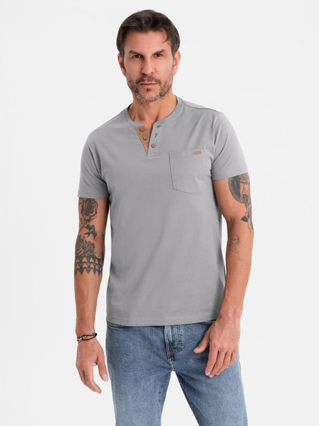 Ombre Clothing Pánské tričko s knoflíkovým výstřihem a semišovým lemem - šedé
