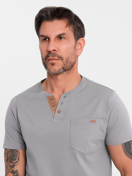 Ombre Clothing Pánské tričko s knoflíkovým výstřihem a semišovým lemem - šedé