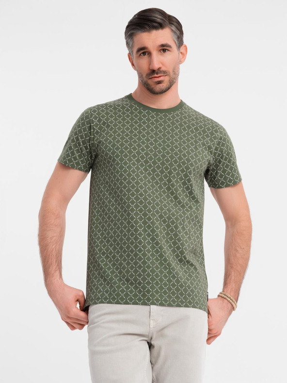 Ombre Clothing Pánské pletené tričko s celoplošným potiskem - olivové