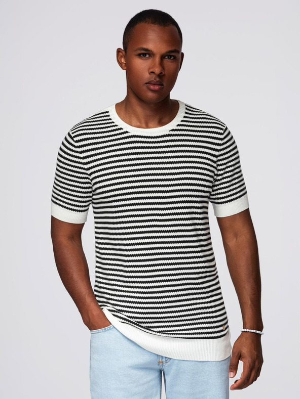 Ombre Clothing Pánské námořnické pruhované pletené tričko s prolamovanou vazbou - černobílé