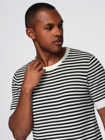 Ombre Clothing Pánské námořnické pruhované pletené tričko s prolamovanou vazbou - černobílé