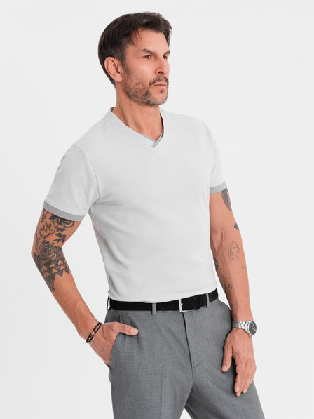 Ombre Clothing Pánské tričko s kontrastními vsadkami a výstřihem do V - světle šedé