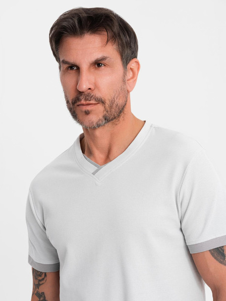 Ombre Clothing Pánské tričko s kontrastními vsadkami a výstřihem do V - světle šedé