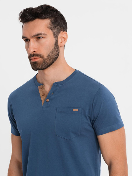Ombre Clothing Pánské tričko s knoflíkovým výstřihem a semišovým lemem - tmavě modré