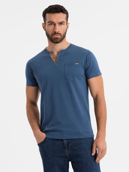 Ombre Clothing Pánské tričko s knoflíkovým výstřihem a semišovým lemem - tmavě modré