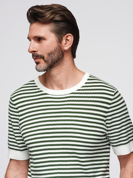 Ombre Clothing Pánské námořnické pruhované pletené tričko s prolamovanou vazbou - olivová a bílá